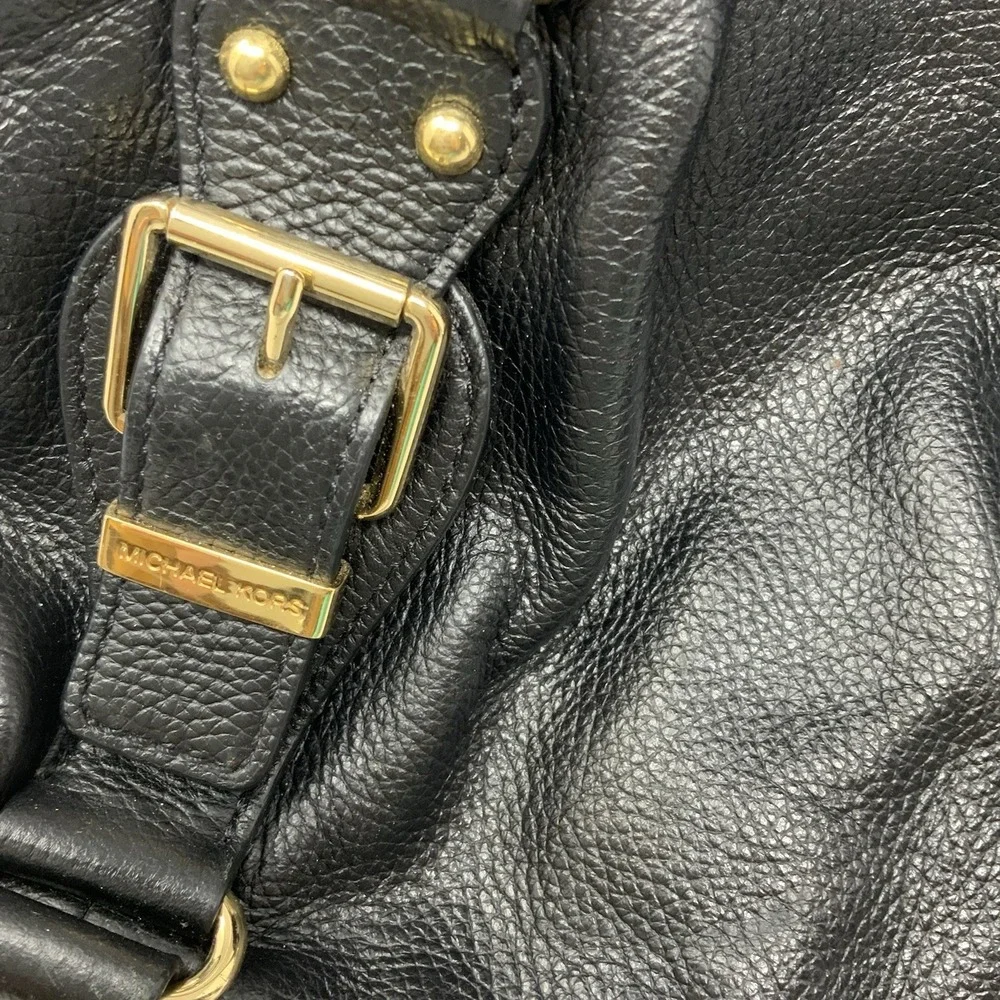 Michael Kors Satchel Black Pebbled Leather Gold Hardware Handbag Medium Boho